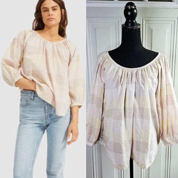 Everlane The Ruched Air Blouse in Toffee Plaid Size 6 Lightweight Minimalist - Picture 1 of 14